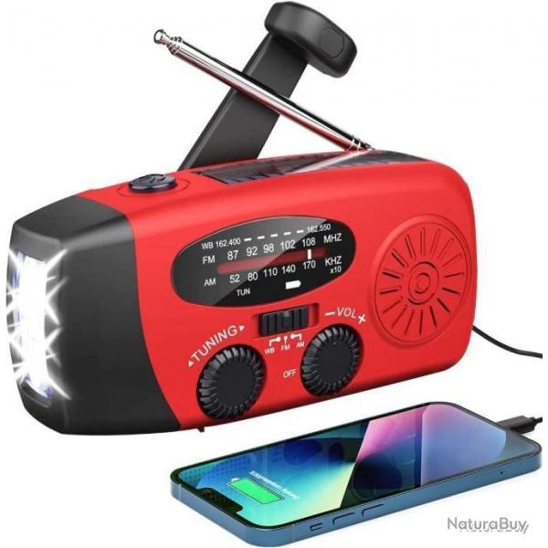 RADIO SOLAIRE D'URGENCE + POWERBANK ET LAMPE TORCHE - ROUGE - LIVRAISON GRATUITE