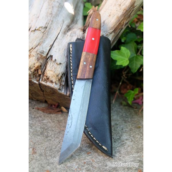 Mini Katana Couteau Tanto Damas Lame 256 Couches Manche Bois & Rsine Fabric Artisanale Etui Cuir