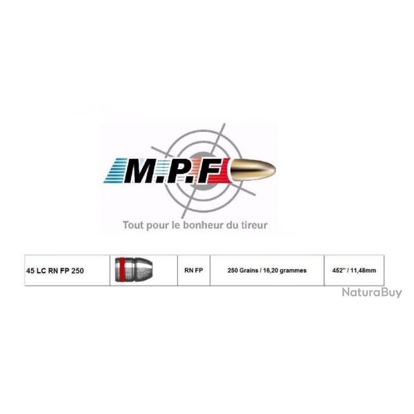 Ogives MPF plomb 45 LC RN FP 255 Gr  452" / 500 en port Gratuit