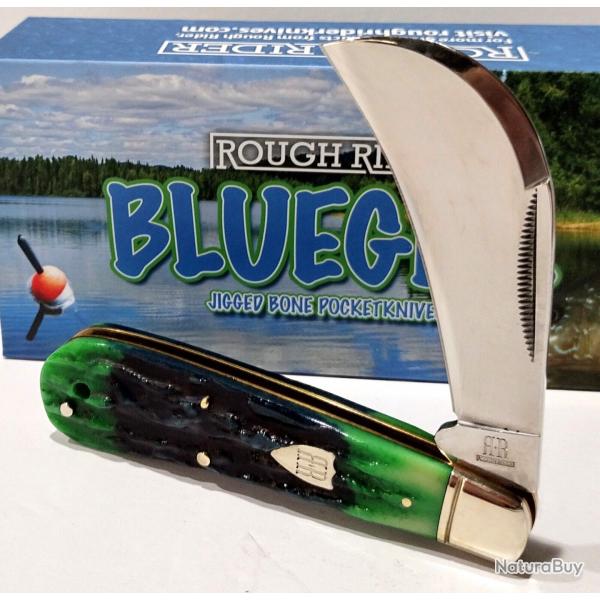 Couteau Serpette Rough Rider Bluegill Hawkbill Lame Acier 440 Manche Os Bleu/Vert Slip Joint RR2635