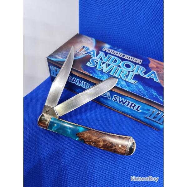 Couteau Rough Rider Pandora Swirl Trapper Lames Clip Point Spey Acier 440 Manche Bois RR2656