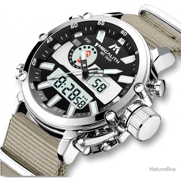 Montre militaire - Chronographe - Acier inoxydable - Analogique - Ecran LED - Kaki