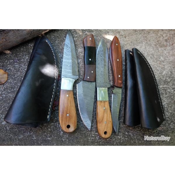 LOT DE 4 Couteau Skinner Damas Lame Acier 256 Couches Manche Bois Etui Simili Cuir Fabr Artisanale00