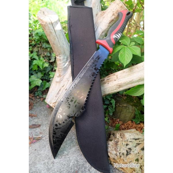 Couteau Bowie Machette Sabre Trekking Alaska Lame Acier 3Cr13 Manche ABS Black & Red Etui Nylon