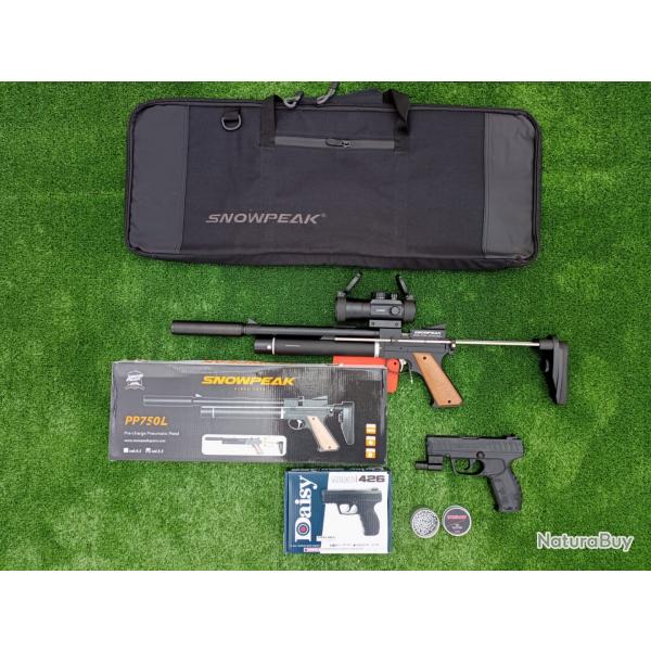 PACK COMBIN-18 ! Pistolet PCP Snowpeak PP750L C. 5,5 mm + Sac + Lunette Point Rouge + SP500 4,5 mm