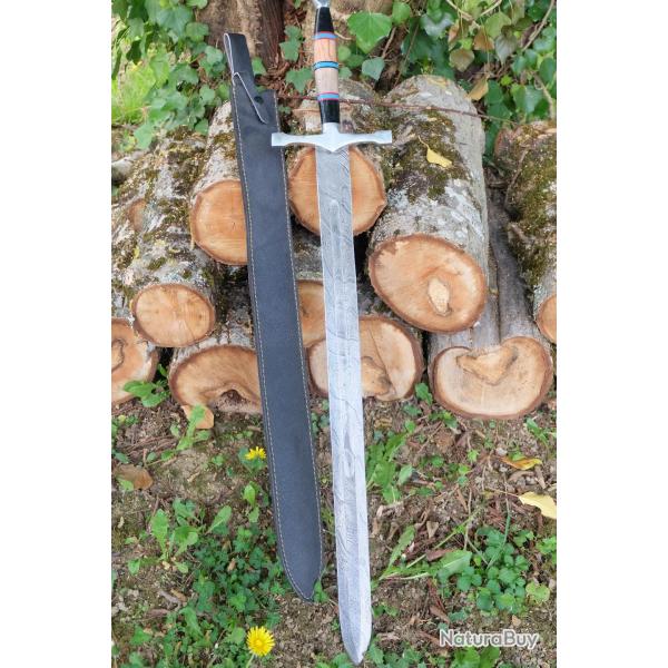 Epe de Chevalier Croisade Templier Lame Damas 512 Couches Manche Bois Garde Nickel Fab Artisanale