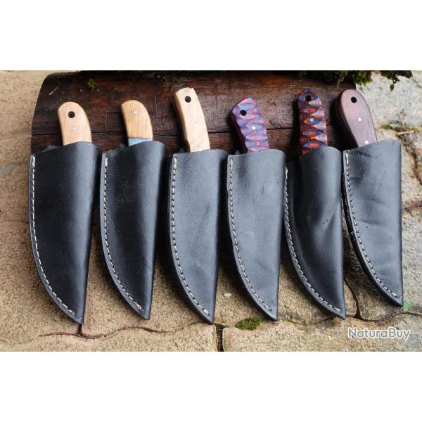 LOT DE 6 Couteau Skinner Damas Lame Acier 256 Couches Manche Bois Etui Simili Cuir Fabr Artisanat 00