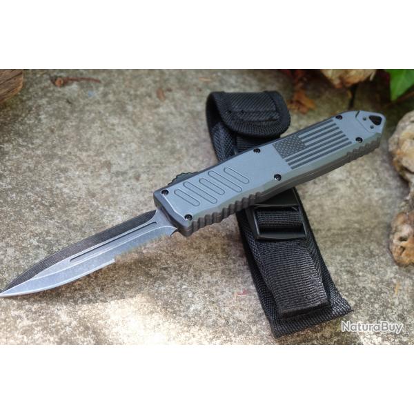 Couteau Automatique OTF Out the Front Lame Dague Serrated Acier 440C Manche Aluminium Clip Etui