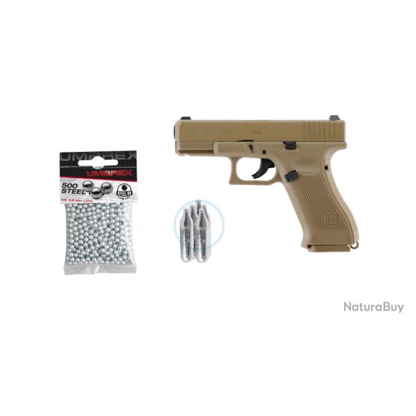 Pack Glock 19x Coyote 4.5 CO2, BB Steel  Cal. BBs 4.5mm, Sachet de 5 Capsules Umarex de CO2 12gr