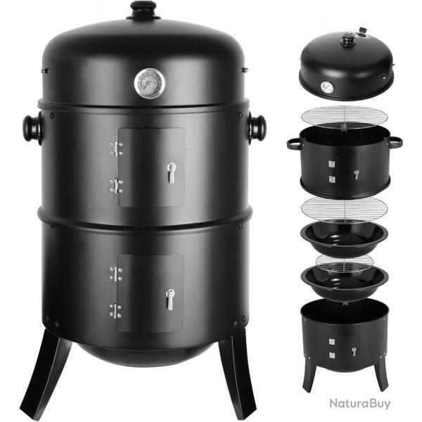 Fumoir Barbecue 3 en 1 44,5 x 80 cm Charbon de Bois avec Thermomtre, Bac  Eau et 2 Grilles
