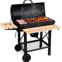 Barbecue Charbon de Bois XL Avec Étagères Latérales en Bois, Roulettes, Couvercle et Grille XXL