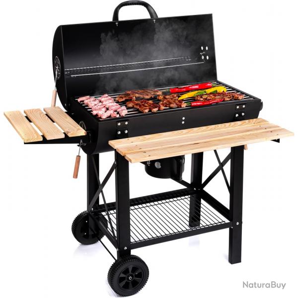 Barbecue Charbon de Bois XL Avec tagres Latrales en Bois, Roulettes, Couvercle et Grille XXL