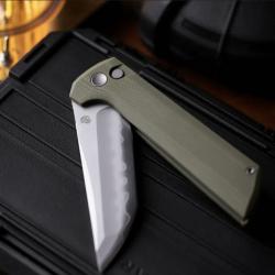 Couteau North Mountain Blade Lame TANTO Acier SLD-Magic San Mai Manche Green Button Lock NMB2406G