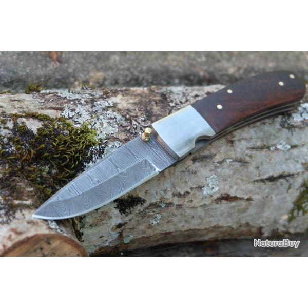Beau Couteau Damas Lame Drop Point Acier 128 Couches Manche Bois Mitres Acier Fabric Artisanale