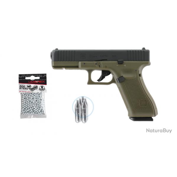 Pack GLOCK 17 GEN5 CO2 CAL BB/4.5MM  3,0 J, BILLES BB STEEL 4.5 MM,Sachet de 5 Capsules CO2 12g