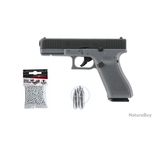 Pack GLOCK 17 GEN5 Gris CO2 CAL BB/4.5MM  3,0 J, BILLES BB STEEL 4.5 MM,Sachet de 5 Capsules CO2 12g