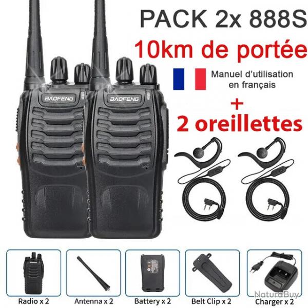 PACK 2x BAOFENG 888S - AVEC 2x OREILLETTES - PORTE 10km - 16 canaux - LIVRAISON GRATUITE !!