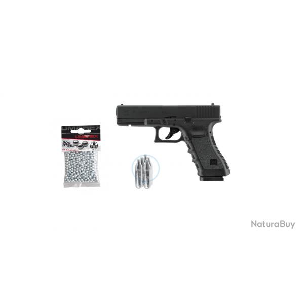 PACK GLOCK 19 CO2 CAL BB/4.5, 500 billes acier Umarex - calibre 4.5mm BBs,Sachet de 5 cartouches 12g