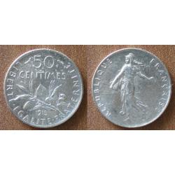 France 50 Centimes 1915 Piece Argent Semeuse Centime