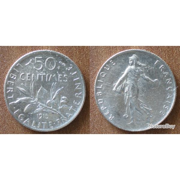 France 50 Centimes 1915 Piece Argent Semeuse Centime
