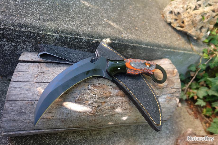 Couteau Karambit Lame Acier Carbone 1055 Black Manche Bois