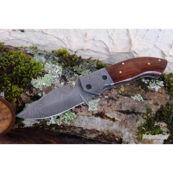 Beau Couteau Damas Lame 128 Couches Manche Bois Mitres Damas Fab Artisanale Linerlock