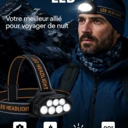 Lampe Frontale LED Rechargeable USB Ultra Puissante  8 LED 4 Modes Étanche IPX4 LIVRAISON GRATUITE