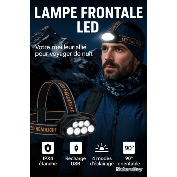 Lampe Frontale LED Rechargeable USB Ultra Puissante  8 LED 4 Modes tanche IPX4 LIVRAISON GRATUITE
