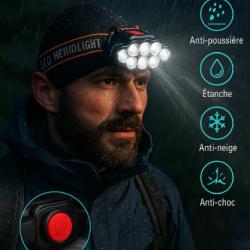 Lampe Frontale LED Rechargeable USB Ultra Puissante 8 LED 4 Modes Étanche IPX4 LIVRAISON OFFERTE