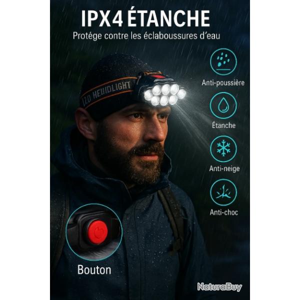 Lampe Frontale LED Rechargeable USB Ultra Puissante 8 LED 4 Modes tanche IPX4 LIVRAISON OFFERTE