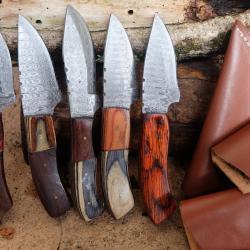 LOT DE 5 Couteau Skinner Damas Lame Acier 256 Couches Manche Bois Etui Simili Cuir Fabr Artisanale02