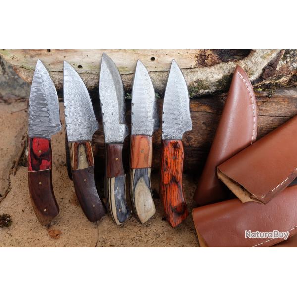 LOT DE 5 Couteau Skinner Damas Lame Acier 256 Couches Manche Bois Etui Simili Cuir Fabr Artisanale02