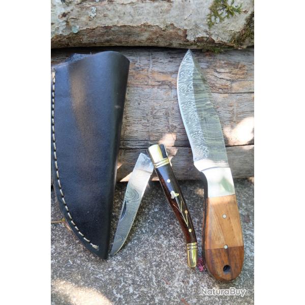 Lot de 2 Couteau Damas : 1 Pliant Faon Laguiole + 1 Skinner Manche Bois Etui Fabric Artisanale