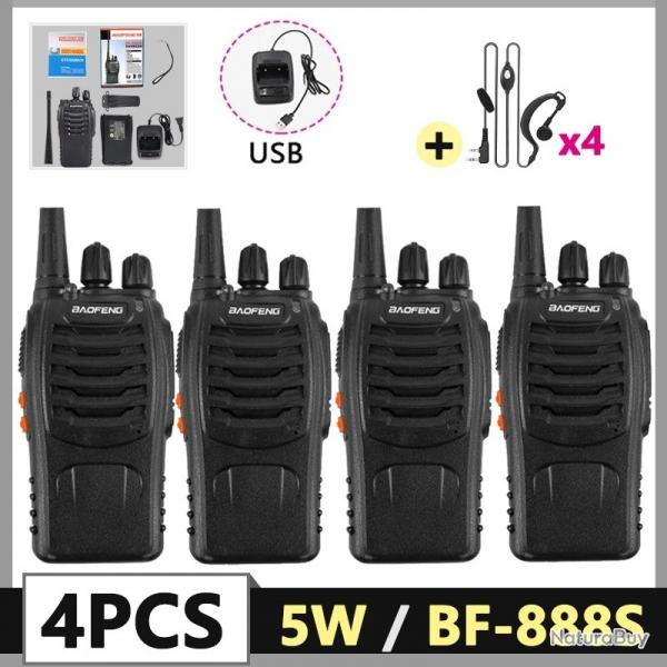 Lot de 4 Talkies-Walkies Baofeng BF-888S  16 Canaux VOX LED Radio Bidirectionnelle Longue Porte