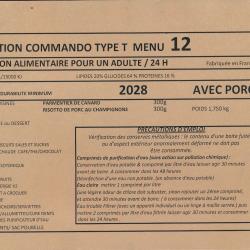LOT DE 2 RATIONS COMMANDO  24 HEURES DDM 2027 ou 28  MENU AU CHOIX AVEC PORC PLAST. VERT
