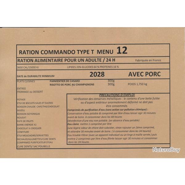 LOT DE 2 RATIONS COMMANDO  24 HEURES DDM 2027 ou 28  MENU AU CHOIX AVEC PORC PLAST. VERT