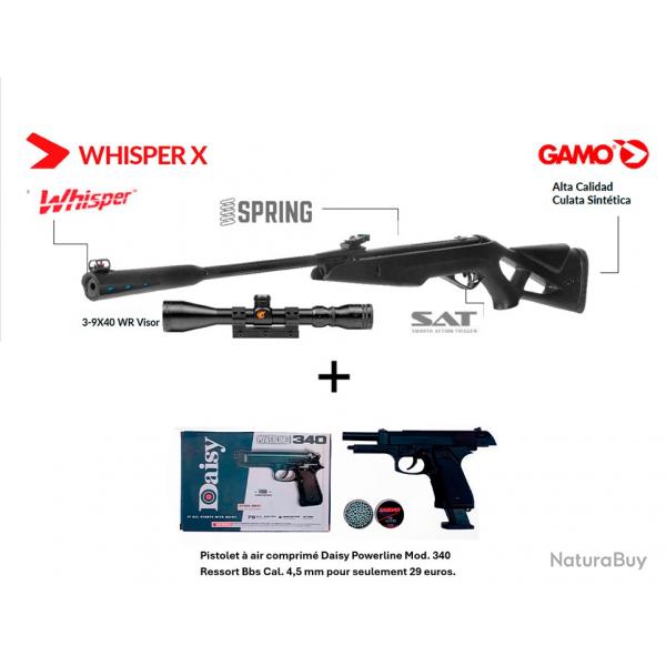 Vente Carabine Gamo Whisper X Cal. 4,5 mm 19,9 j. + Pistolet Daisy 340 Ressort Bbs C. 4,5 mm