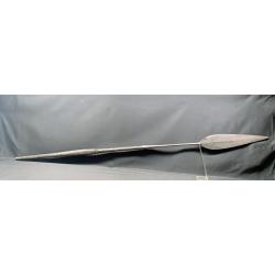 ANCIENNE ET BELLE LANCE AFRICAINE SANGO, XIX SIECLE, CENTRAFRIQUE,  FER BLANC ET BOIS SCULPTE