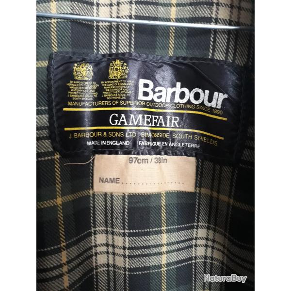 BARBOUR vintage made in ENGLAND model 97cm/38in gamefaire coton huil cir wax ,chasse foret peche