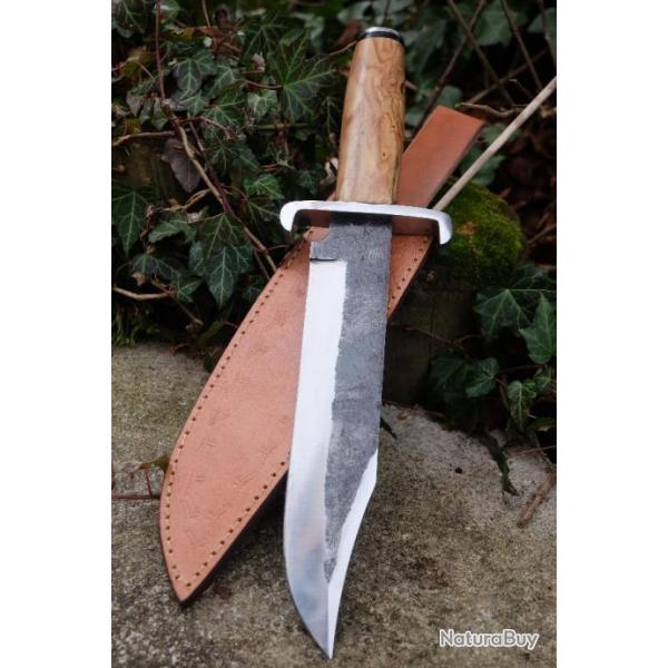 Gros Couteau De Trappeur Chasse Bowie Lame Acier Carbone 1075 Etui Cuir Manche Bois Fabr Artisanale
