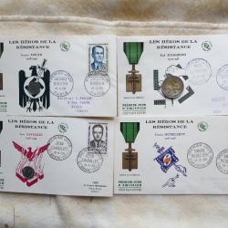 4 enveloppes 1er jour Hors série 1958 héros de la résistance