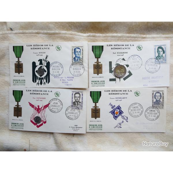 4 enveloppes 1er jour Hors srie 1958 hros de la rsistance