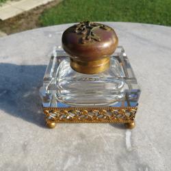 Ancien grand encrier en Cristal & Bronze doré, Décor de feuilles de gui période Art Nouveau - (XIXé)