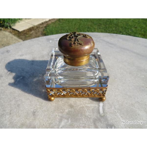 Ancien grand encrier en Cristal & Bronze dor, Dcor de feuilles de gui priode Art Nouveau - (XIX)