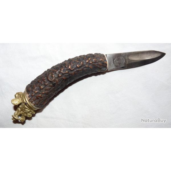 COUTEAU DE CHASSE EN BOIS DE CERF ET CALOTTE TETE DE SANGLIER - SOLINGEN