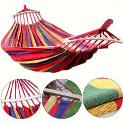 Hamac Double 280x150 cm + Barres 300 kg Coton & Polyester Intérieur Extérieur Camping Voyage Rouge