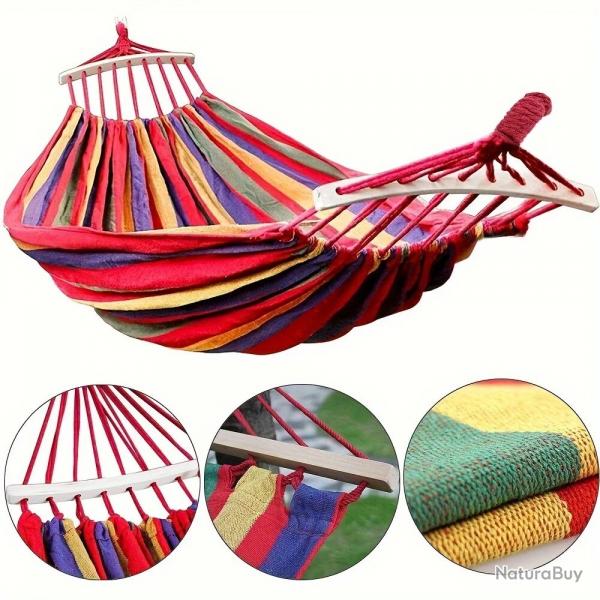 Hamac Double 280x150 cm + Barres 300 kg Coton & Polyester Intrieur Extrieur Camping Voyage Rouge