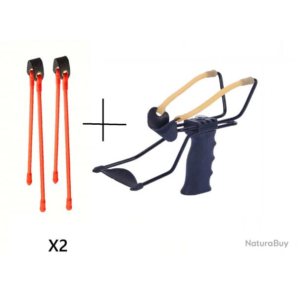 Pack Fronde de chasse / lance pierre noir avec stabilisateur, support poigne et deux elastiques de