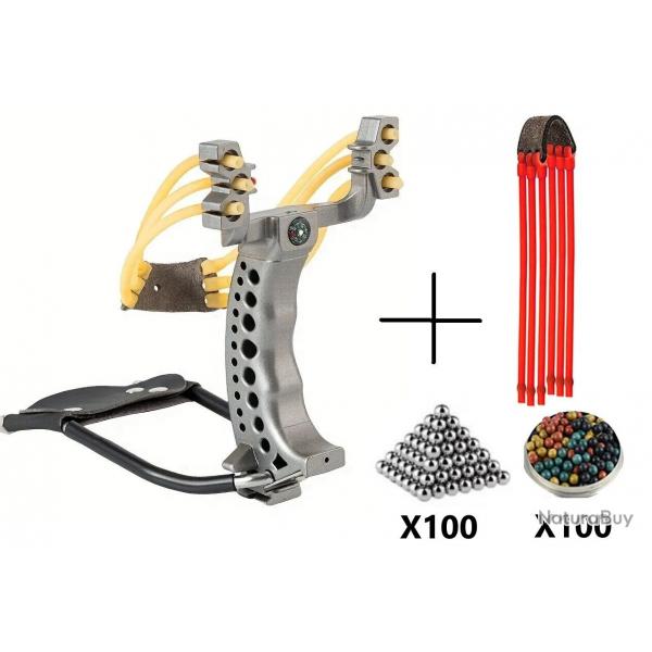 Pack Fronde de chasse / lance pierre F3X avec support poignée et un elastique de rechange+200 billes