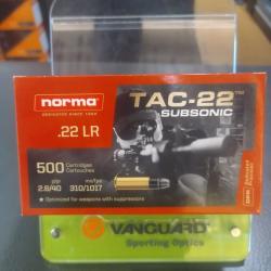Boîtes de 500 munitions calibre 22lr norma tac-22 subsonic